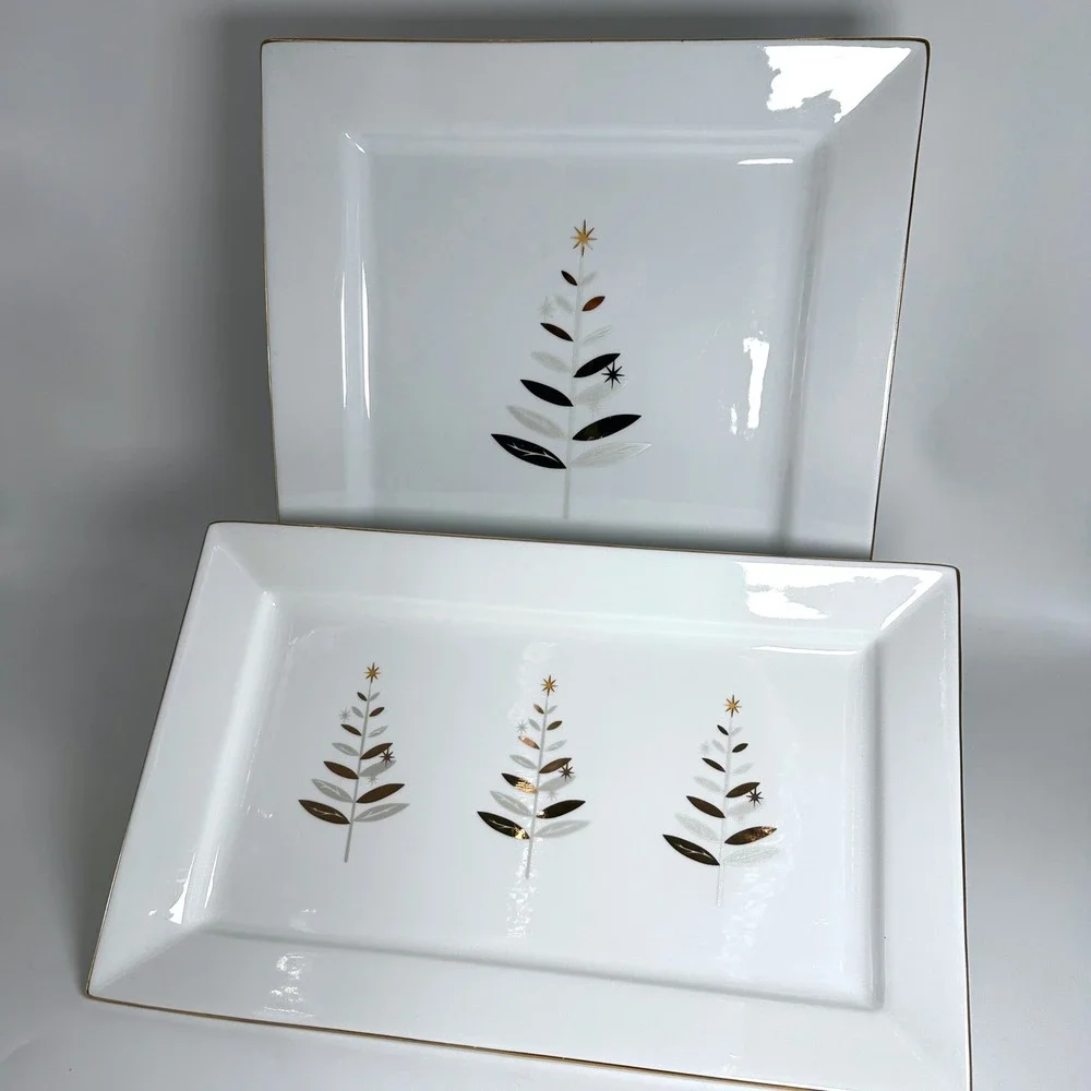 Gourmet Fitz and Floyd Trees In Gold Serving Platter Set of 2 Christmas Holiday
